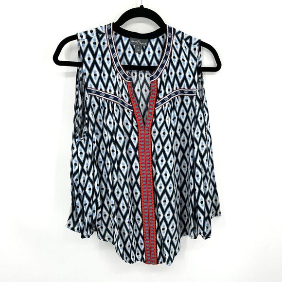 MARKET & SPRUCE Blue Red Diamond Embroidered Cold Shoulder Boho Blouse Medium - Picture 1 of 7